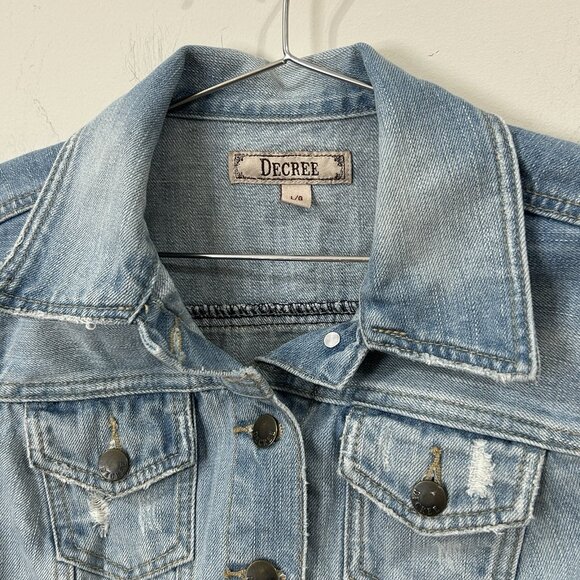 DECREE Juniors L Cropped Denim Jacket Y2K Style Light Wash Factory Distressed - Picture 8 of 11